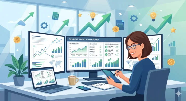How to Create a WordPress Website in 2026: Complete Beginner Guide (No Coding Required) 8 Successful website owner analyzing traffic growth, SEO rankings and online business revenue dashboard